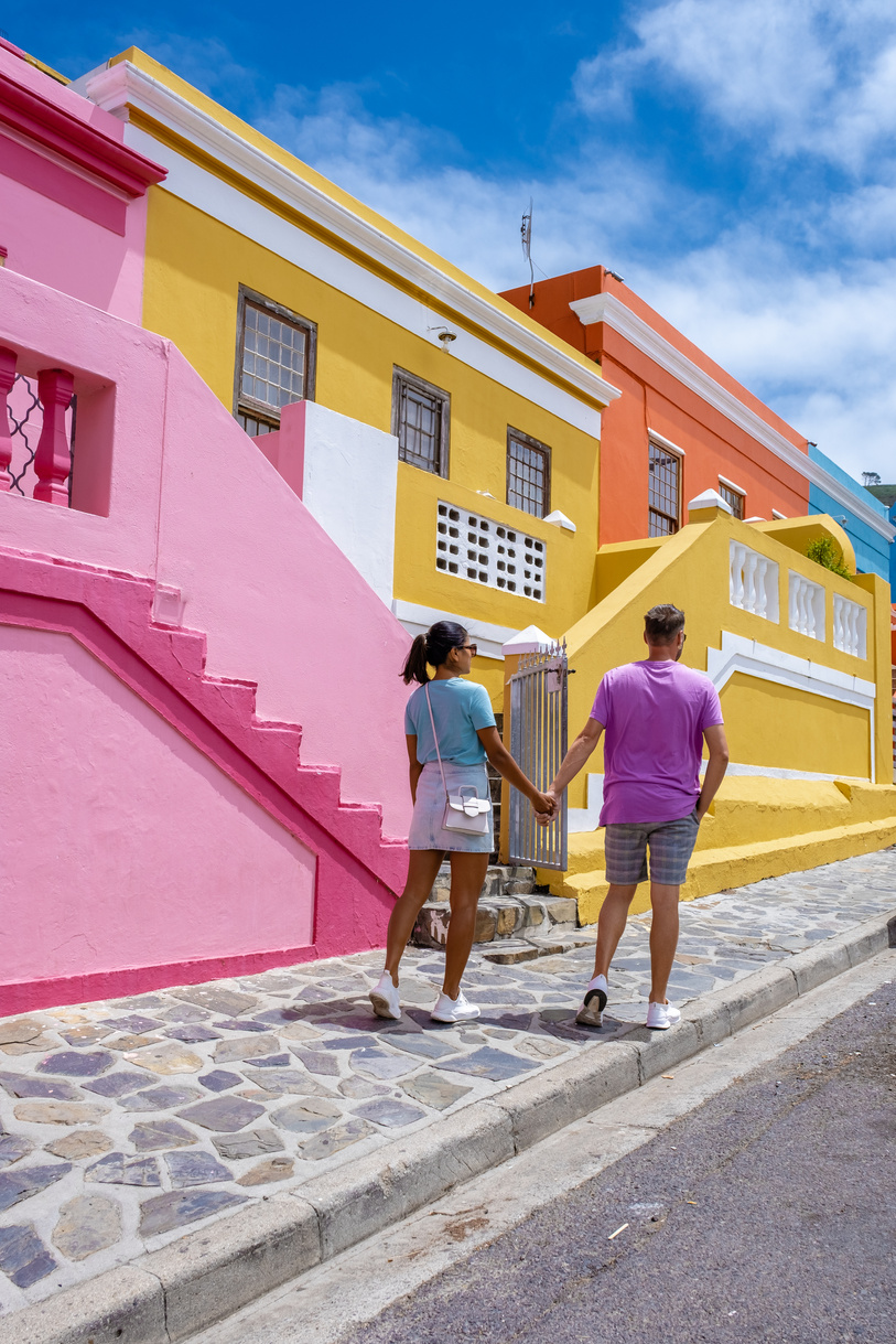 Bo Kaap Township in Cape Town, Colorful House in Cape Town South Africa, Couple Man and Woman on a City Trip in Cape Town